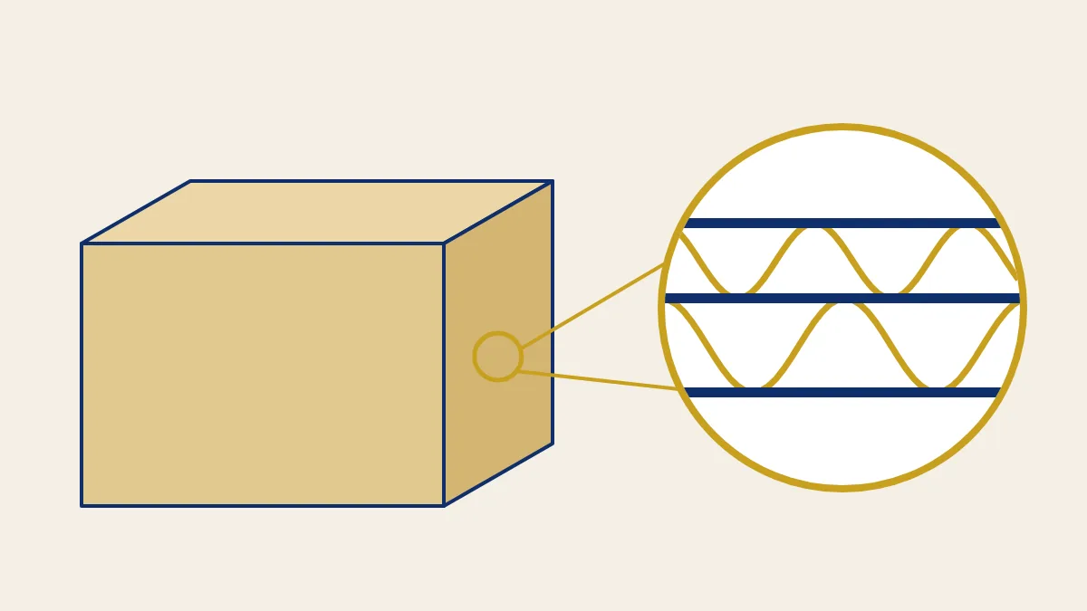 Illustration of a shipping carton with a magnified view of the five layers in its double-wall board