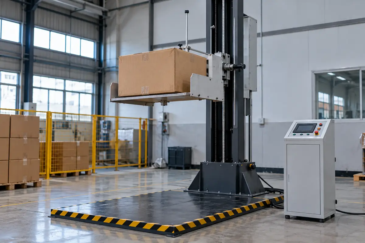 Illustration of a cardboard carton raised on a drop-test machine