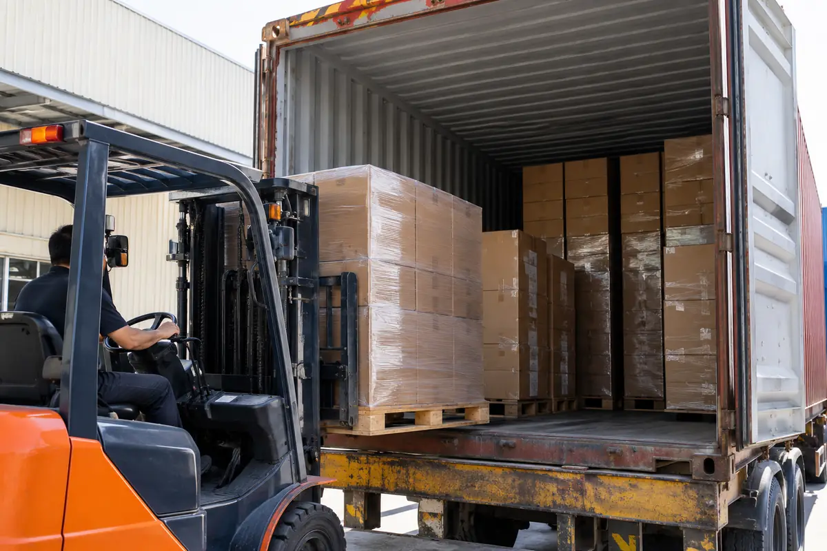 Illustration of a forklift loading pallets of wrapped cartons into a shipping container