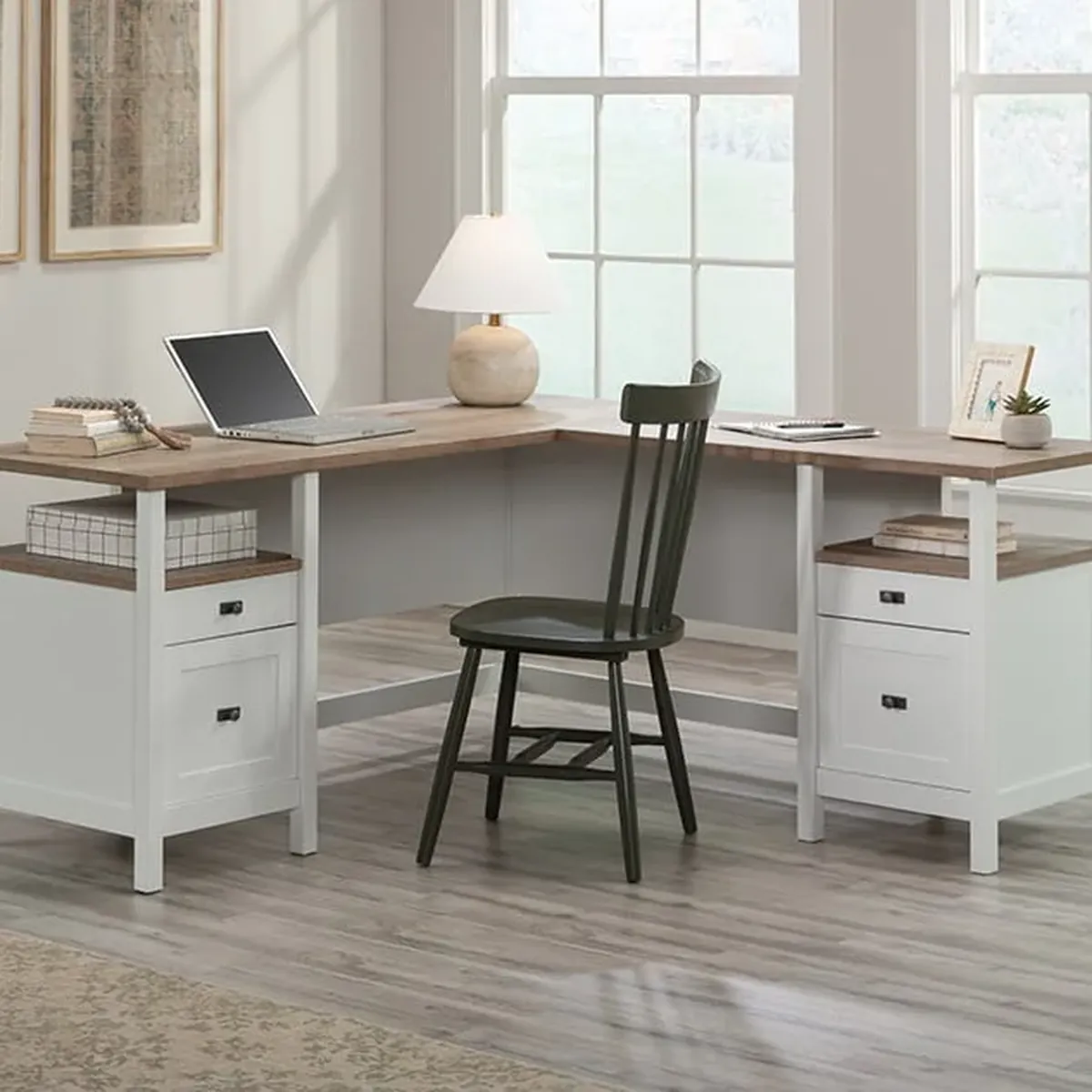 L-Desk in white + natural / light wood, item 430228