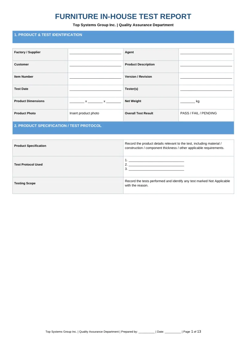 Page 1 of the Top Systems furniture in-house test report template, a blank template, not a client report