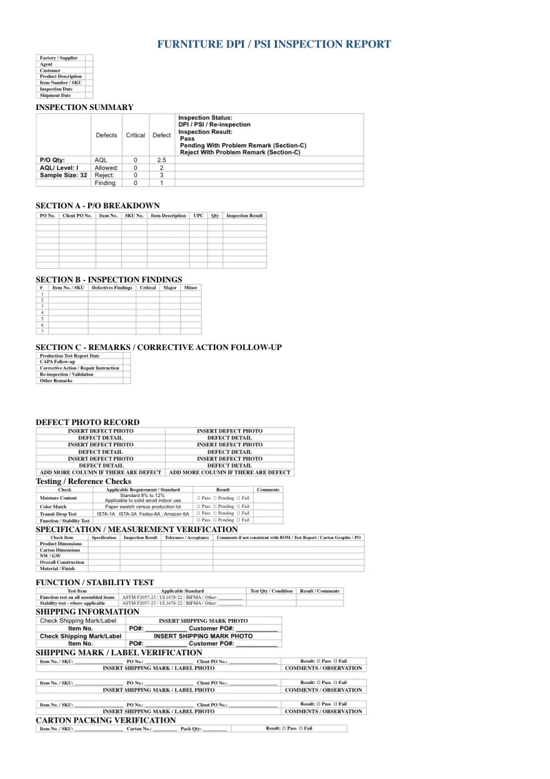 Page 1 of the Top Systems furniture DPI/PSI inspection report template, a blank template, not a client report