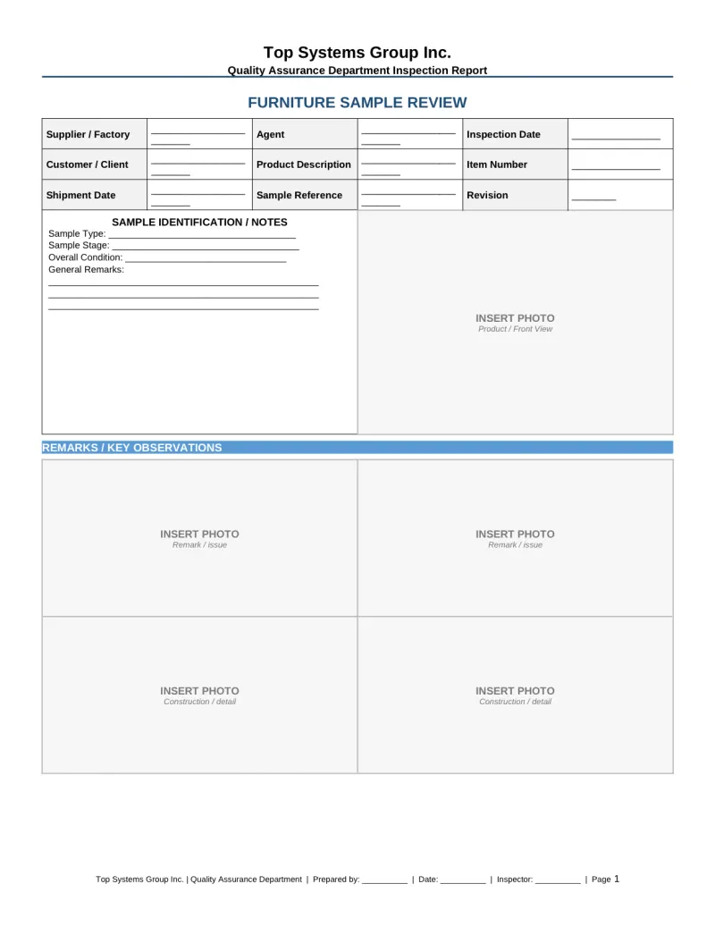 Page 1 of the Top Systems furniture sample review template, a blank template, not a client report