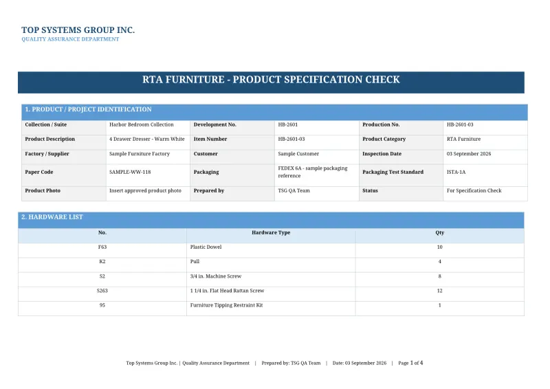 Page 1 of the Top Systems RTA furniture product specification template, filled with illustrative example data, not a client product