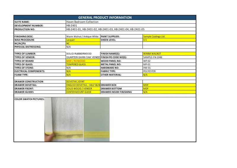 Page 1 of the Top Systems solid wood bedroom product specification template, filled with illustrative example data